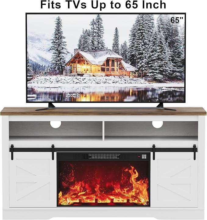 JUMMICO Fireplace TV Stand for 65+ Inch TV with 26'' Fireplace Entertainment Center with Storage Cabinet and Adjustable Shelves Media Console with Sliding Barn Door for Living Room (Bright White)