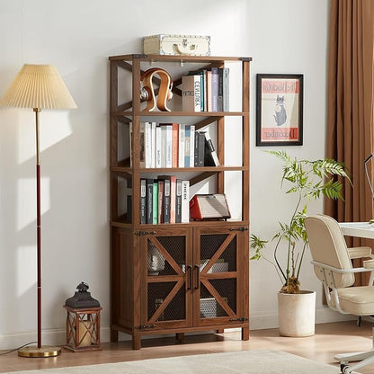 5 Tier Bookshelf 70" Tall Bookcase with Barn Doors,Large Farmhouse Display Book Shelf with Adjustable Shelves and Storage Cabinet，Library Wood Bookshelves for Living Room,Kitchen,Brown(3PCS)