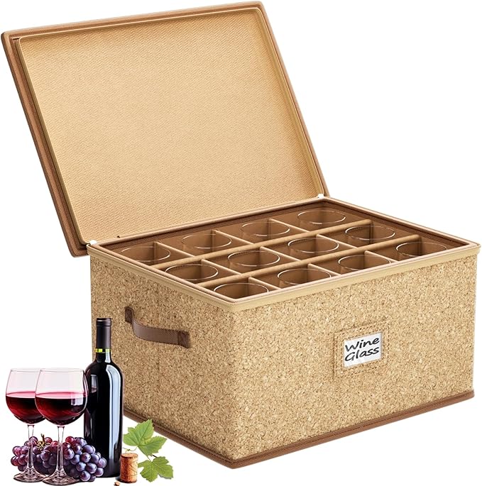 Wine Glass Storage Box with Dividers, Hard Shell, Stackable Glassware Storage Containers with Handles & Label, 10'' Tall Stemware Storage Cases for 12 Crystal Glasses Drinkware, Moving & Home Storage
