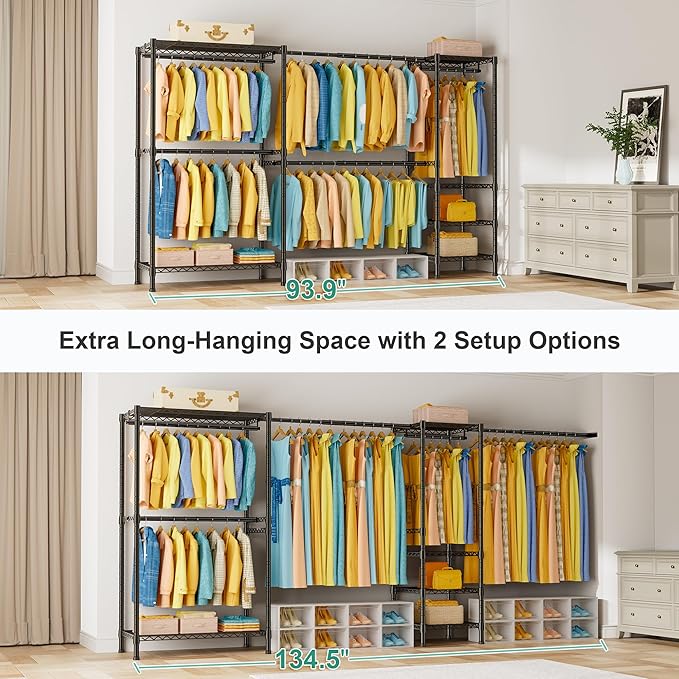 SEMHOR E01 Expandable Heavy Duty Clothes Rack, Free Standing Closet System Organizer, Adjustable Portable Carbon Steel Garment & Clothing Racks for Hanging Clothes (72.5-96"), 800LBS Max Load, Black