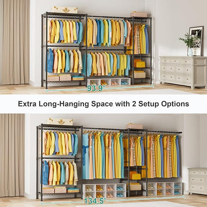 SEMHOR E01 Expandable Heavy Duty Clothes Rack, Free Standing Closet System Organizer, Adjustable Portable Carbon Steel Garment & Clothing Racks for Hanging Clothes (72.5-96"), 800LBS Max Load, Black