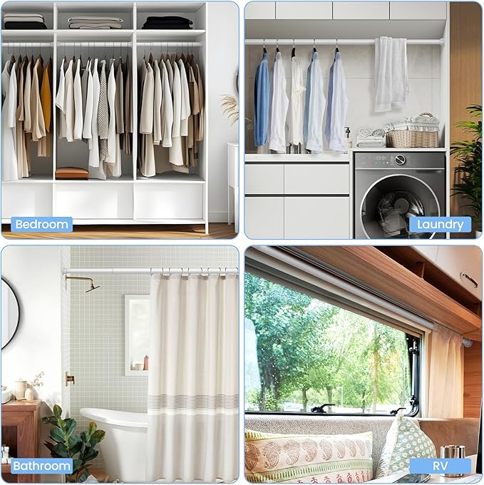 2 Pack Closet Rods for Hanging Clothes, 17 to 69 Inch Heavy Duty Stepless Adjustable Closet Hanging Rod, 1.3 Inch Diameter Metal Closet Rod for Wardrobes Laundry Bedroom RV, White