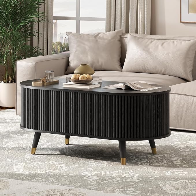 Oval Lift Top Coffee Table with Storage, 42.5” Fluted Coffee Table with Lifting Top & Solid Wood Legs, Mid Century Modern Center Table for Living Room, Home Office, Black