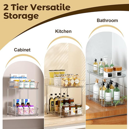 incostar 2 Tier Pull-Out Organizer for Bathroom Kitchen, Under Sink Storage with Dividers, Ideal for Cabinet, Cupboard Organization, Slide-Out Clear Storage, 1 Pack