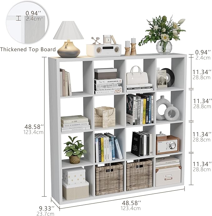 Cube Storage Organizer Bookcase, Decorative 11 inch Open Back Cubical Shelf with Thickened Border, Display Bookshelf for Living Room, Home Office, Sturdy Room (White, 16 Cube)