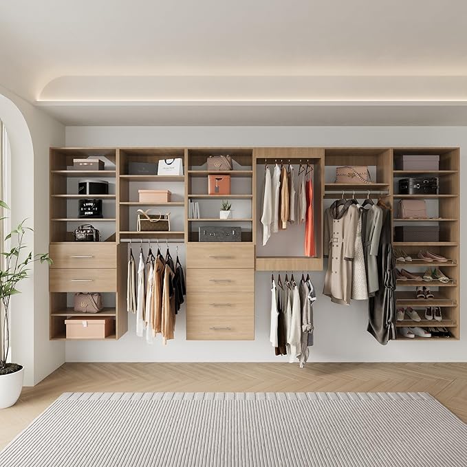 Modular Closet Organizer, 61" Wide Wood Tower Storage for Walk In or Wall Mounted Closets, Bedroom