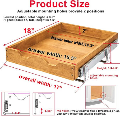 DINDON Pull Out Cabinet Organizer (17" W x 18" D) 1 Tier，Single Tier Oak Wood Under Cabinet Slide Out Shelf Drawer Box…