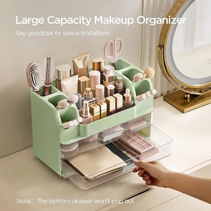 HBlife Makeup Organizer for Vanity with Brush Holder, Large Bathroom Countertop Cosmetic Organizer Skin Care Storage, Easy to Store Lipsticks, Nail Polishes, Perfumes, Eyeshadow Palettes, Green