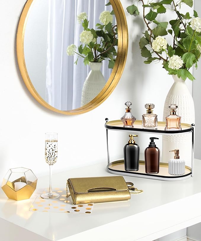 2 Tier Metal Frame Perfume Organizer in Stylish,and Minimalist Perfume Tray-Elegant Countertop Display Shelf for Skincare,Makeup,Trinket for Dresser,Vanity,Bathroom (Creamy White)