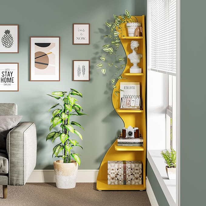 Tribesigns Corner Shelf, Modern 5-Tier Wall Corner Bookshelf, Stylish Corner Small Bookcase Storage Rack Plant Stand with Unique Shape for Living Room, Home Office (Yellow, 1PC)