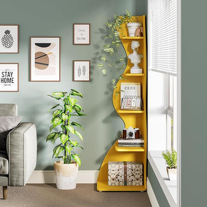 Tribesigns Corner Shelf, Modern 5-Tier Wall Corner Bookshelf, Stylish Corner Small Bookcase Storage Rack Plant Stand with Unique Shape for Living Room, Home Office (Yellow, 1PC)