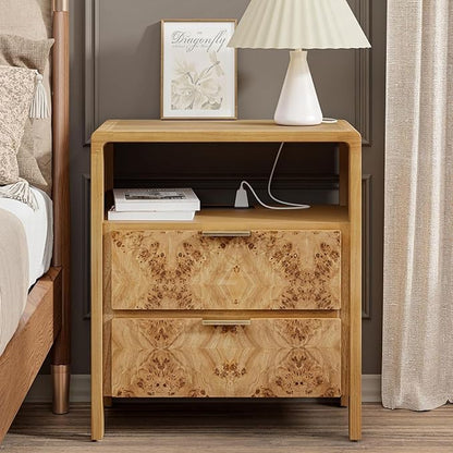 COZAYH Farmhouse Nightstand with Charging Station, Side Table with Power Outlet and USB & Type C Ports, Wood Bedside Table for Bedroom, Fully Assembled, Rustic, Natural, Burl