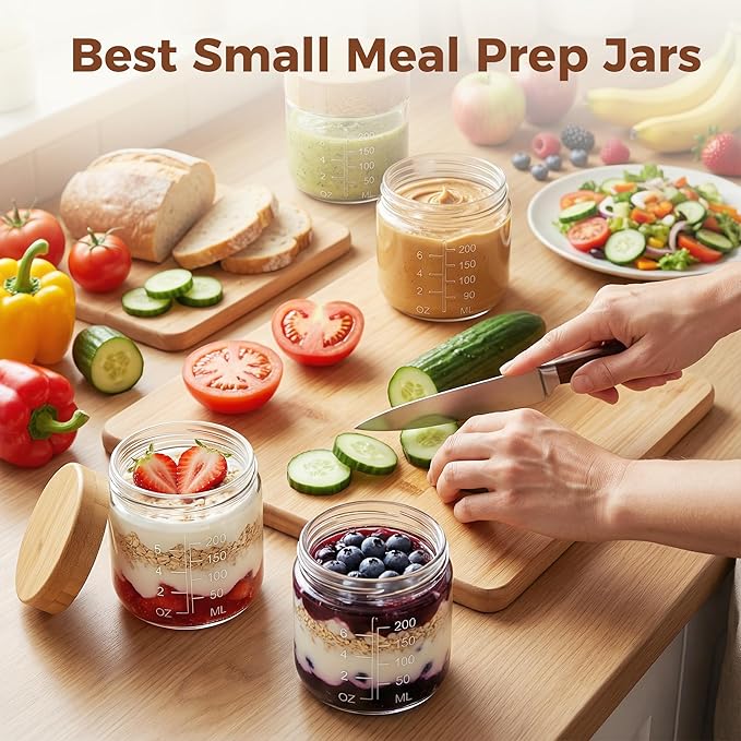8oz Glass Jars with Airtight Lids - 3 Pack Overnight Oats Containers with Bamboo Lids, Small Food Containers with Measurement for Yogurt, Salad, Chia, Wide Mouth Mason Jar with Lid for Food Storage