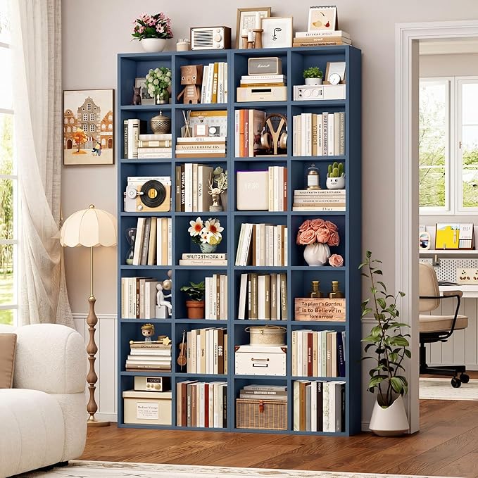 FOTOSOK 71'' Tall Bookshelf Set of 2, 7 Tier Large Bookshelf with Adjustable Shelves, Wide Bookcases and Bookshelf, DVD/CD Media Tower Storage, Cube Book Shelf Display Storage Cabinet, Blue