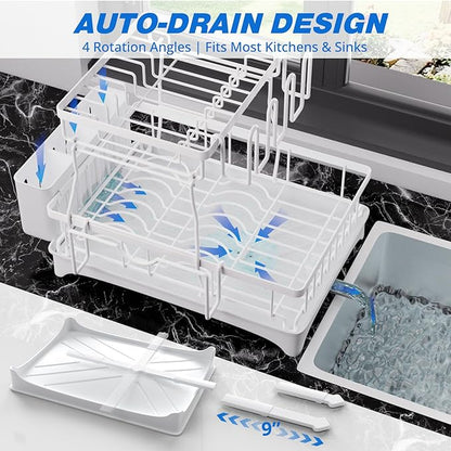 Godboat Dish Drying Rack, 2-Tier Dish Rack with Auto-Drain & Mat, Dish Racks for Kitchen Counter, Dish Drainer with Knife, Fork & Cup Rack, Gifts for Women, Mothers Day, Kitchen Gadgets, White