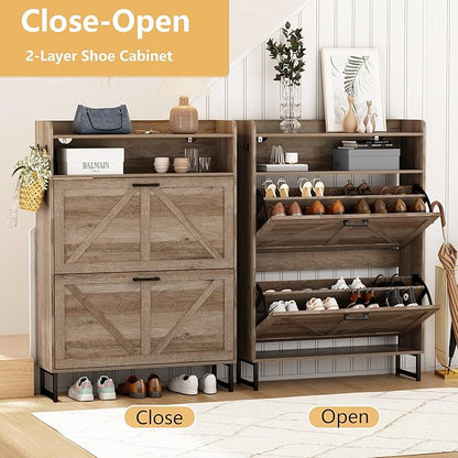Shoe Cabinet with 2 Flip Drawers, Freestanding Hidden Shoe Storage Organizer for Entryway, Narrow Slim Shoe Rack Cabinet with Open Storage & Hooks for Front Door Entrance, Living Room, Hallway, Grey