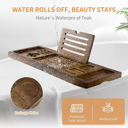 Luxury Teak Bathtub Tray - Foldable Bath Caddy with Expandable Handles, Wine Glass & Phone Holder, Book Stand - Enhance Home Spa Experience with Natural Material - Relaxing & Reading, Light Walnut