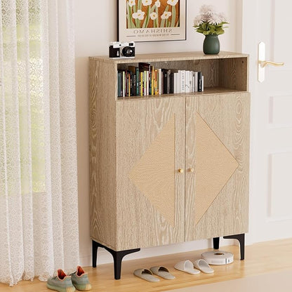Shoe Cabinet Storage for entryway, Rattan Shoe Cabinet with Double Doors, 3 Adjustable Shelves, Slim Modern Shoe Organizer Cabinet with Open top Shelf and Metal Legs