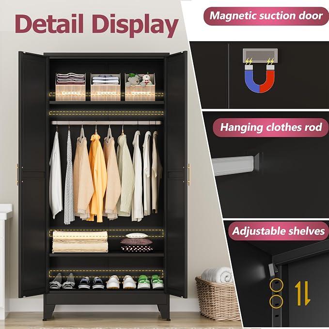 GAIOUS Metal Wardrobe Cabinet with Hanging Rod, Clothing Storage Cabinets | with 2 Doors and Adjustable Shelves, 71" Metal Black Armoire Wardrobe Closet for Bedroom, Laundry Room, Cloak Room
