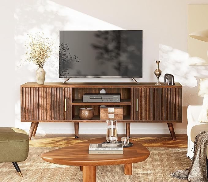 SUPERJARE TV Stand for 55 Inch TV, Entertainment Center with Adjustable Shelf, 2 Cabinets, TV Console Table, Media Console, Solid Wood Feet, Cord Holes, for Living Room, Bedroom, Walnut