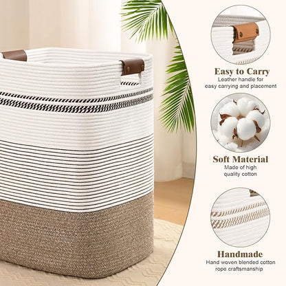 Laundry Hamper, 95L Tall Laundry Basket with Leather Handles, Rectangle Large Clothes Hamper for Organizing, Cotton Woven Laundry Baskets Storage Hampers for Bedroom, Nursery, Living Room