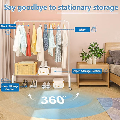 JIUYOTREE Metal Clothing Rack with Wheels, 43.3 Inches Rolling Clothes Garment Coat Rack with Bottom Shelf, Clothing Rack for Hanging Clothes, Coats, Skirts, Shirts, Sweaters, White