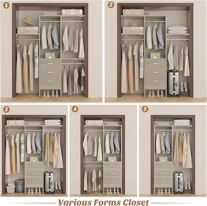 Besiost 4FT Small Closet System with 3 Fabric Drawers, 48'' Closet Organizer System With 3 Adjustable Shelves, Flexible Built-In Clothes Garment Rack for Small Space, 48"L x 13"W x 71"H, White Oak