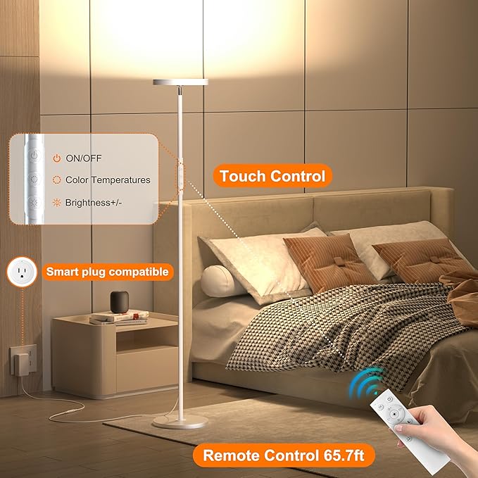 Super Bright Floor Lamp for Living Room, Stepless Dimmable LED Standing Lamp with Remote and Touch Control, 69” Tall Torchiere Corner Lamp for Bedroom Office Hotel, White