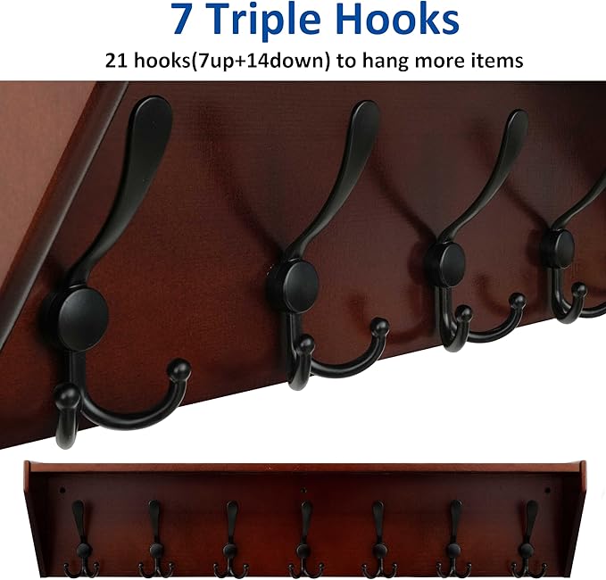 WEBI Coat Rack Wall Mount with Shelf,35" Long Wall Shelf with Hooks Underneath,7 Triple Hooks for Entryway,Hallway,Bedroom,Cherry