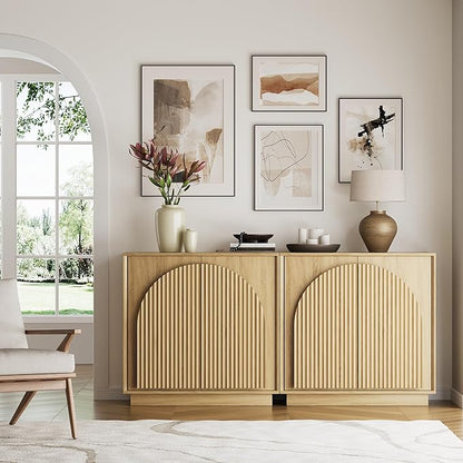 win2win Fluted Sideboard Buffet Cabinet with Storage, 31.5" Modern Boho Accent Cabinet with Double-Layered Arch Doors, Small Wood Console Credenza for Living Room, Dining Room, Entryway, Oak, 3PCS