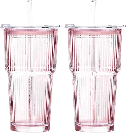 GOSCHE 20oz Iced Coffee Cups with Lids, Glass Cups with Lids and Straws, Thickened Glass Tumbler Set Ideal for Latte, Juices, Cocktails and Beverage, Pink, 2 Pack
