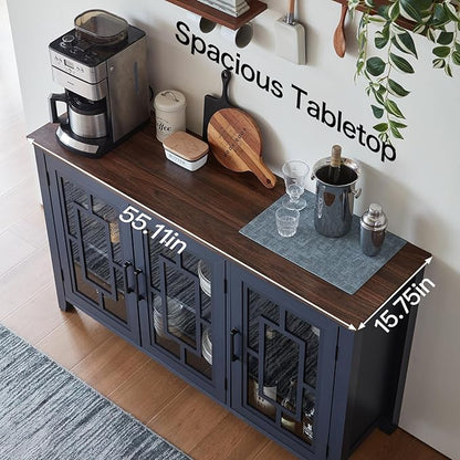 Large Sideboard Buffet Cabinet with Storage, 55" Farmhouse Kitchen Coffee Wine Bar Cabinet with 3 Glass Doors, Wood Mid Century Modern Side Board Table for Dining Room, Living Room,Navy Blue