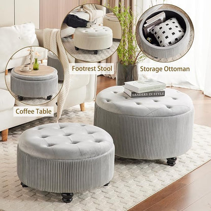 29&24.5inch Large Round Storage Ottoman Coffee Table Set of 2 Modern Button Storage Coffee Table with Removable Lid for Living Room Upholstered Footrest Stool for Bedroom (Large-Light Grey)