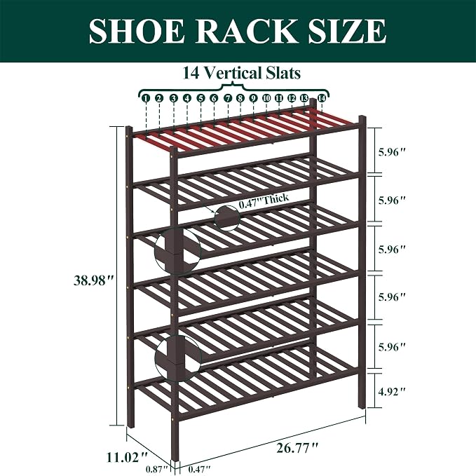 Smiry Bamboo Shoe Rack, 6 Tier Free Standing Wooden Shoe Organizer, Stackable Wood Shoe Storage Shelf for Closet, Entryway, 12 Vertical Slats, 2+2+2 Stack Standard Legs, 26.8"x11"x39", Brown