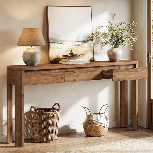 Solid Wood Console Table with 3 Drawers, 63-Inch Farmhouse Entryway Table with Rounded Corners, Long Sofa Table Behind Couch, Accent Table for Entrance, Hallway, Living Room, Rustic Brown