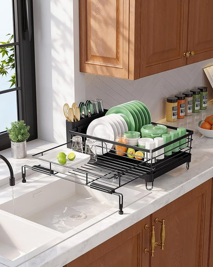 Kitsure Extendable Dish Drying Rack - Rust-Resistant Dish Racks for Kitchen Counter with Adjustable Support Legs, Cutlery Holder & Removable Draining Tray (Black, 15.6''-25.2''L × 16.9''W × 8.1''H)
