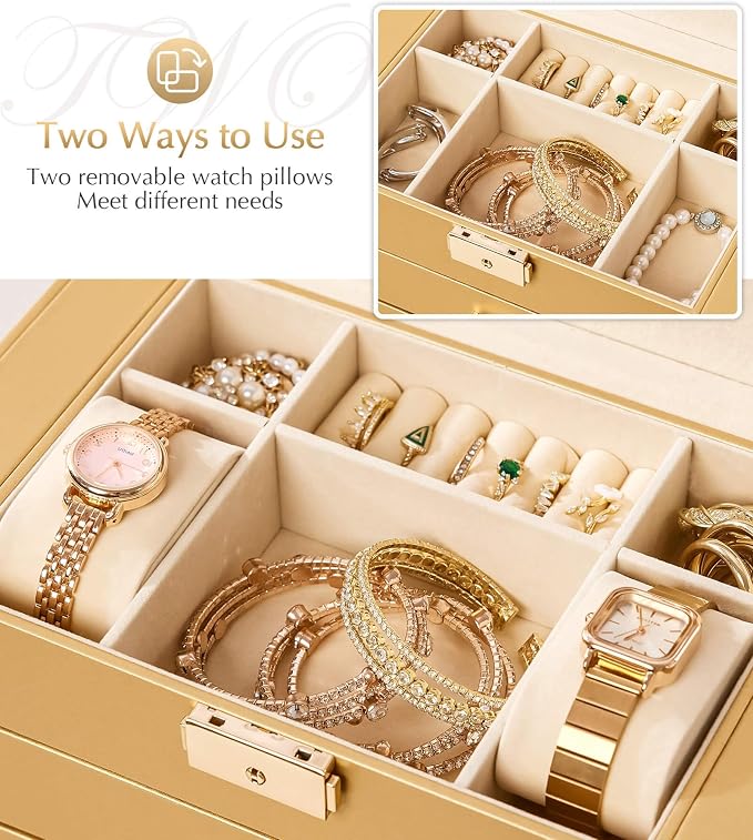 Homde Mothers Day Gifts Synthetic Leather Huge Jewelry Box Mirrored Watch Organizer Necklace Ring Earring Storage Lockable Gift Case (Gold)