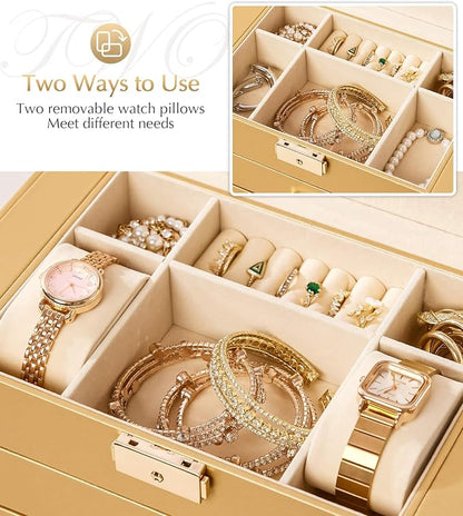 Homde Mothers Day Gifts Synthetic Leather Huge Jewelry Box Mirrored Watch Organizer Necklace Ring Earring Storage Lockable Gift Case (Gold)