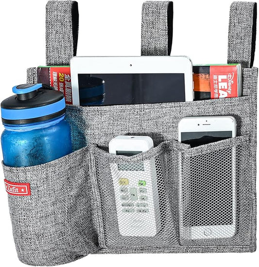 Zafit Linen Bedside Caddy, Bedside Storage Organizer for Hospital Beds, College Dorm Rooms or Baby Bed (4 Pockets-Grey)