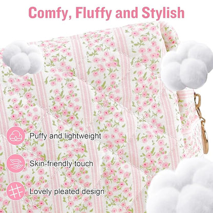 Personalized Quilted Cosmetic Bag, Puffy Monogrammed Christmas Birthday Gifts for Women & Girls, Cute initial Floral Makeup Bag Puffer Coquette Bag, Aesthetic Travel Toiletry Zipper Pouch(Pink,P)