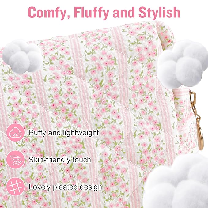Personalized Quilted Cosmetic Bag, Puffy Monogrammed Christmas Birthday Gifts for Women & Girls, Cute initial Floral Makeup Bag Puffer Coquette Bag, Aesthetic Travel Toiletry Zipper Pouch(Pink,T)