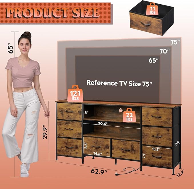 WLIVE TV Stand Dresser for 65,70 inch TV, Entertainment Center with LED Lights & 8 Long Fabric Drawers, Dresser TV Stand for Bedroom and Living Room, Rustic Brown