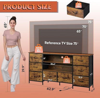 WLIVE TV Stand Dresser for 65,70 inch TV, Entertainment Center with LED Lights & 8 Long Fabric Drawers, Dresser TV Stand for Bedroom and Living Room, Rustic Brown