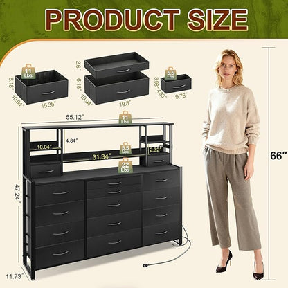 Tall Console Table with 15 Fabric Drawer & 5 Open Shelves, Tall Storage Organizer with Charging Station, Storage Tower Organizaton for Living Room, Hallway, Office, Black