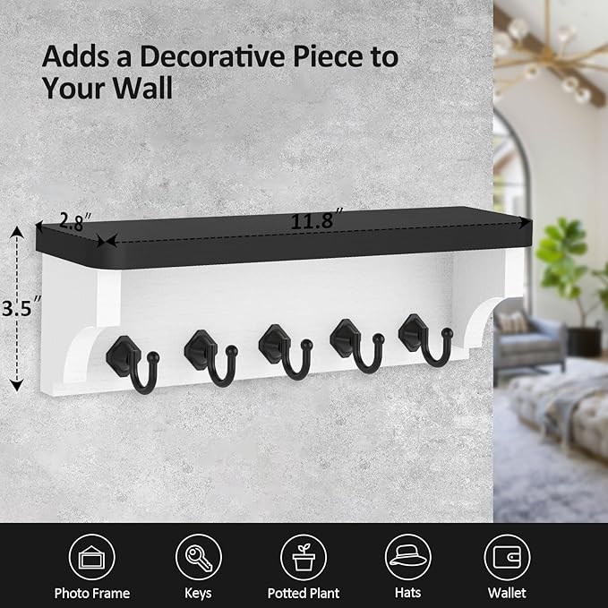 Nekon Key Holder for Wall, 11.8" W x 3.5" H x 2.8" D Decorative Key Organizer with Floating Shelf, Wall Mount Key Rack with 5 Hooks (Black)