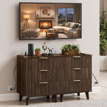 Fluted Night Stand, 20 inch Modern Nightstand with Charging Station Wood Bedside End Table with 3 Large Storage Drawers, Tall Side Table for Bedroom Sofa Office, Walnut