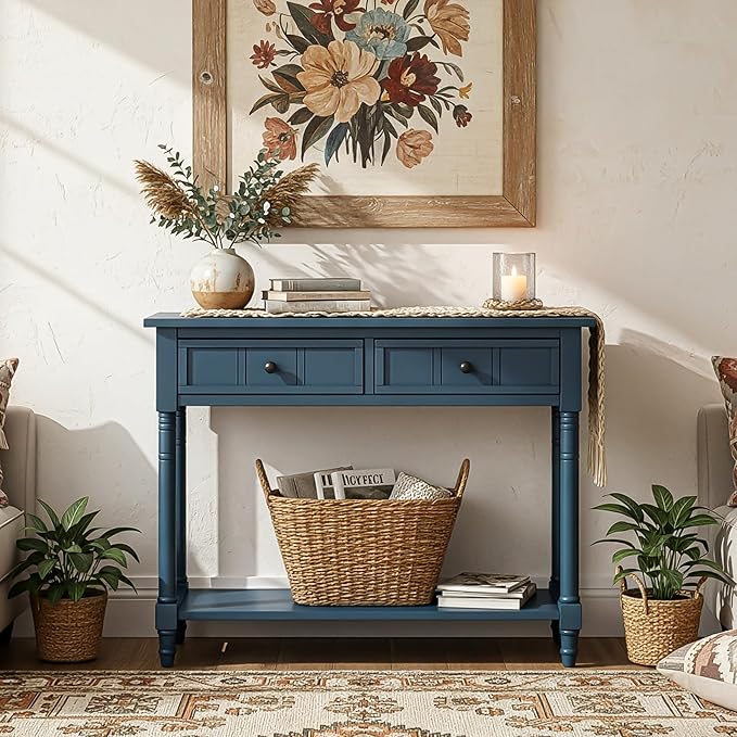 Knocbel Antique Entry Console Table with 2 Drawers & Bottom Open Shelf, Wood Sofa Tables for Entryway Hallway Living Room, 35.34" W x 13.8" D x 30.25" H, Dark Navy