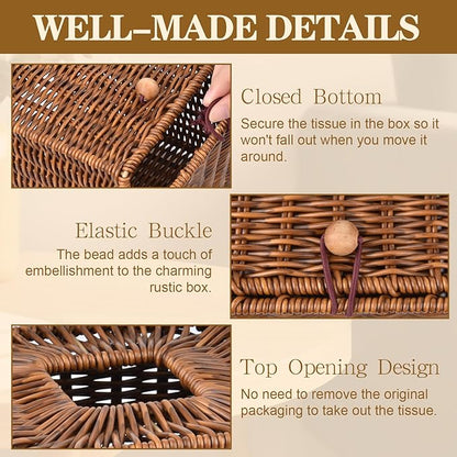 Rattan Tissue Box Cover Square Natural Woven Decorative Rectangle Tissue Box Holder Bathroom Napkins Roll Paper Face Towels Organizer on Table Rustic Boho Decorative 5.5 X 5.5 X 5.9in