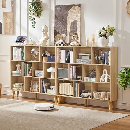 LEYAOYAO 10 Cube Bookshelf,3 Tier Modern Wide Bookcase with Legs,Mid-Century Wood Bookshelves Storage，Light Wood Large Book Case,Freestanding Organizer Display Shelf for Bedroom,Living Room,Office