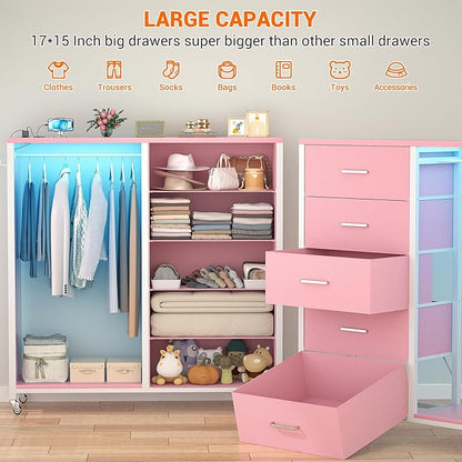 Cyclysio Dresser for Bedroom with Clothes Rack & Mirror, 5 Fabric Drawers Dresser with Charging Station & LED Lights, Rolling Chest of Drawers with Wheels, Full Length Mirror, Wooden Top, Closet